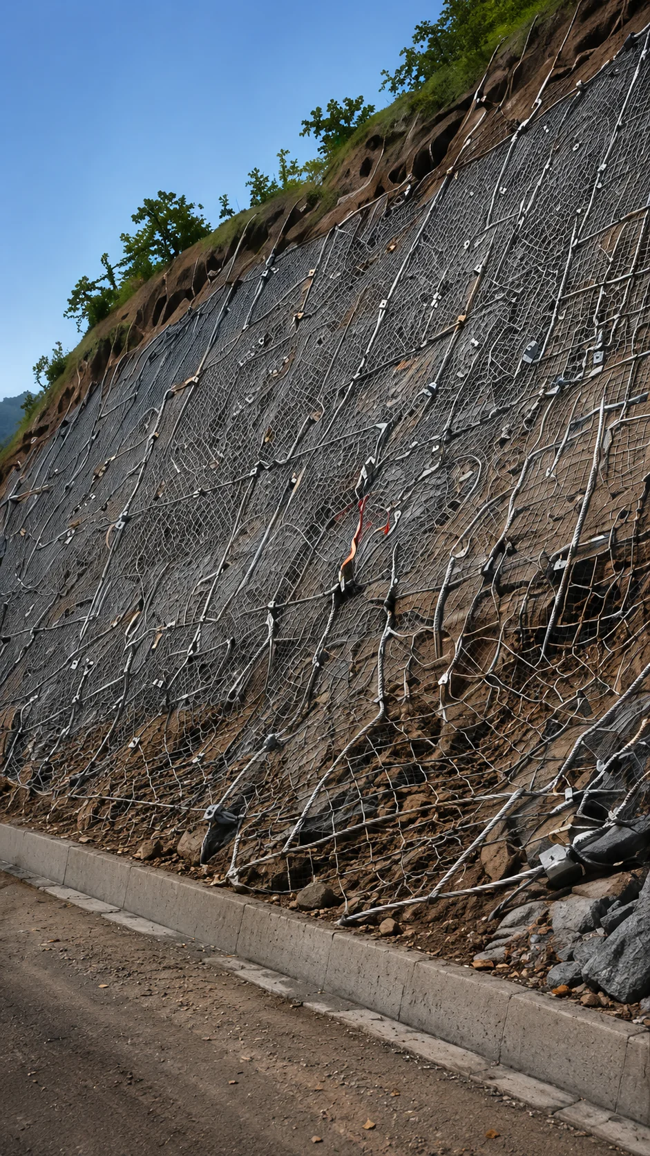 Rockfall protection mesh installed on slope
